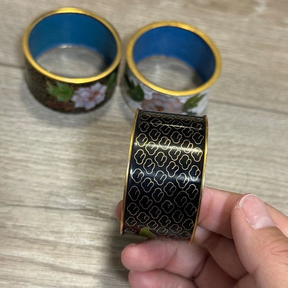 Vintage Cloisonne Enamel Napkin Rings Set of 3 Floral Black White Gold Tone